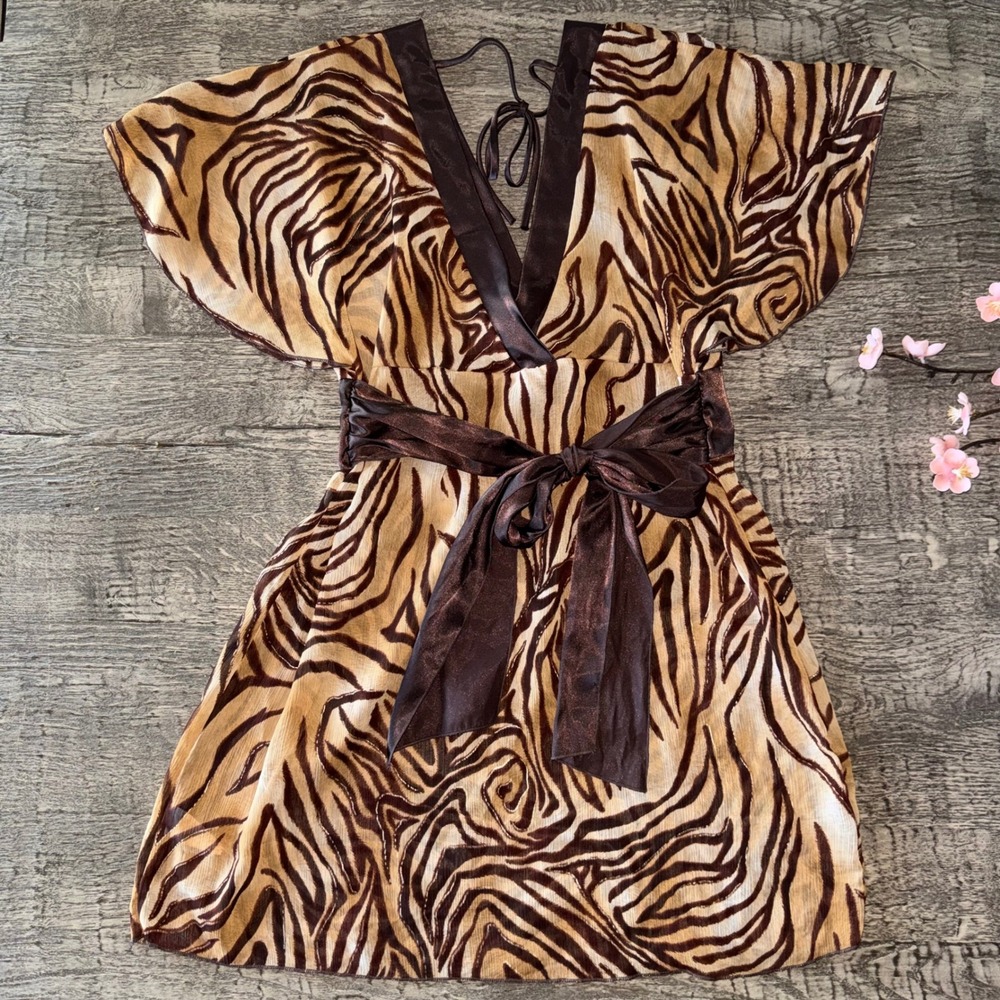 Y2K Vintage Kimono Dress Tiger Print Brown Satin Trim Angel Sleeve Small